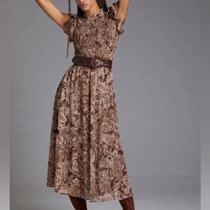 Moon River Smocked midi dress paisley ruffles embroidered anthropologie tiered